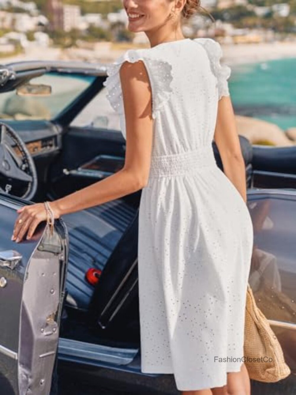 Lace Eyelet Midi Dress Smocked Waist Flutter Sleeve V Neck Flowy A Line Sundress - Picture 2 of 7